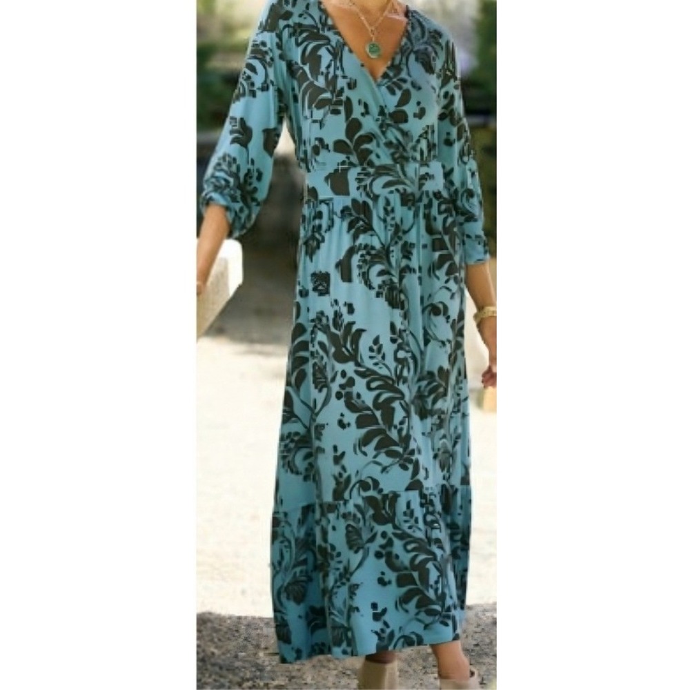 Soft Surroundings Maxi Dress Womens 2X Blue Floral Faux Wrap V-Neck NWT